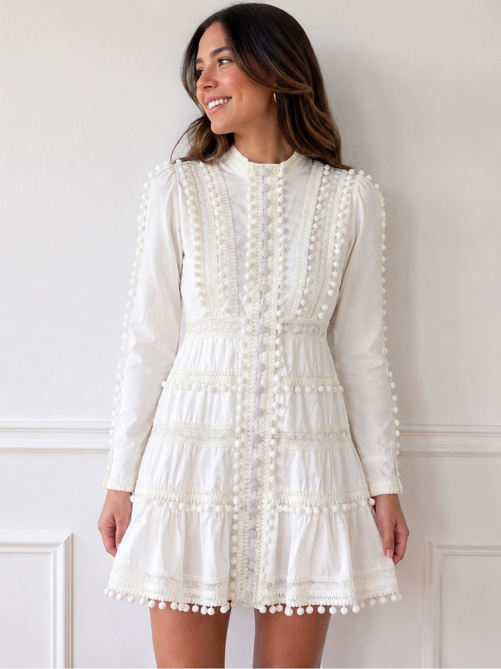 Women's White Pom-Pom Lace Trim Mini Dress